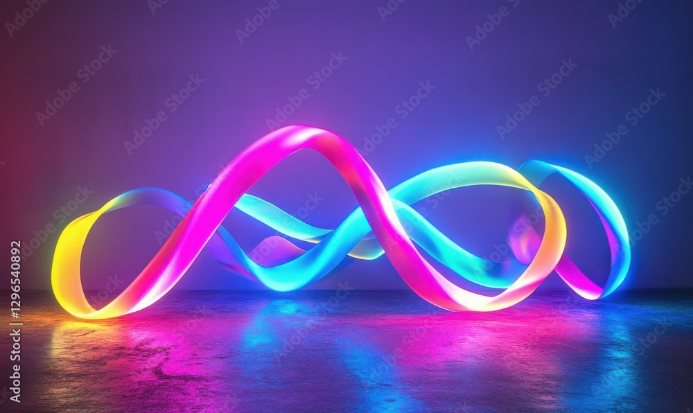 Poster artistic depiction of flowing glowing neon ribbons illuminated by gradient lighting creating a bold 