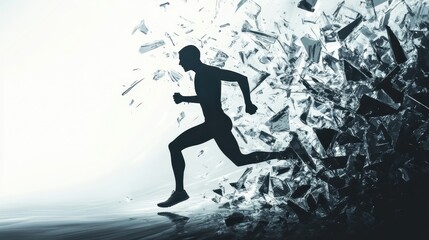 A silhouette of a runner breaking through a finish line made of shattered doubts and fears. 