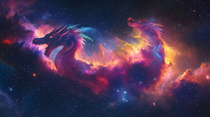 Colorful dragon shaped nebula floats majestically across starry void. Nebula Dragon Formation. Illustration