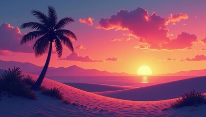 Sunset hues paint palm tree & dunes Oasis serenity , warm, light