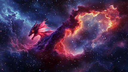 Colorful dragon shaped nebula floats majestically across starry void. Nebula Dragon Formation. Illustration