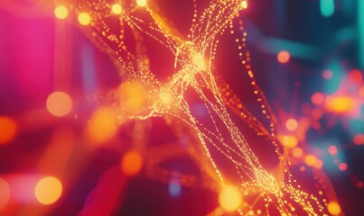 Artistic depiction of futuristic glowing nodes and lines forming a digital network illuminated by gradient light creating a bold and modern tech design .