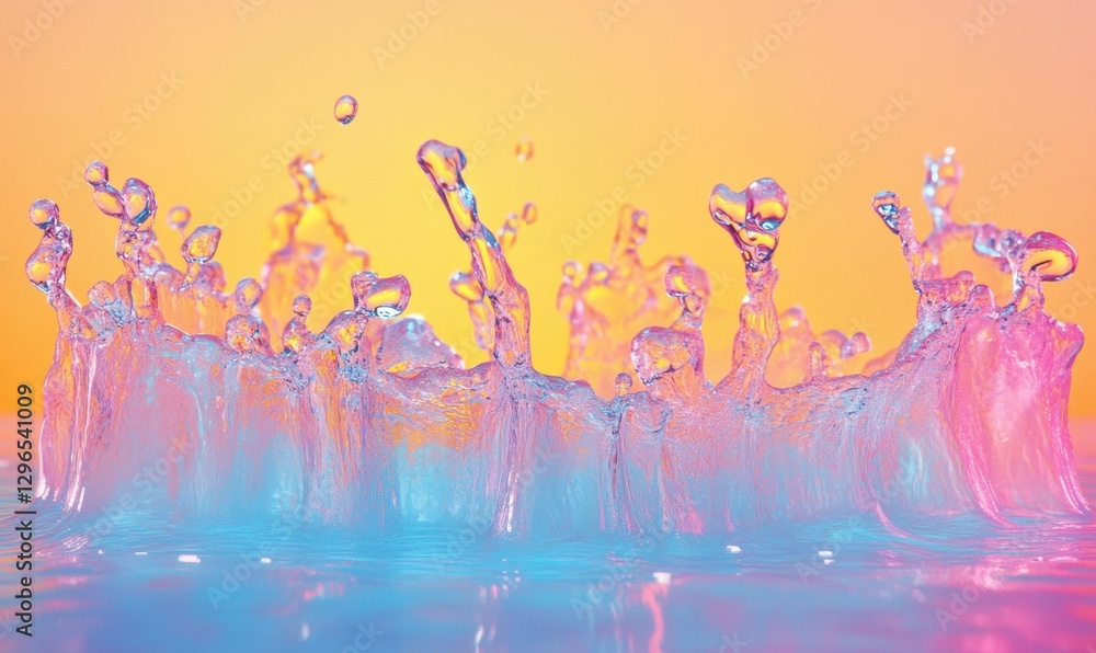 Poster abstract splash of colorful paint droplets frozen mid-air against a gradient background illuminated 