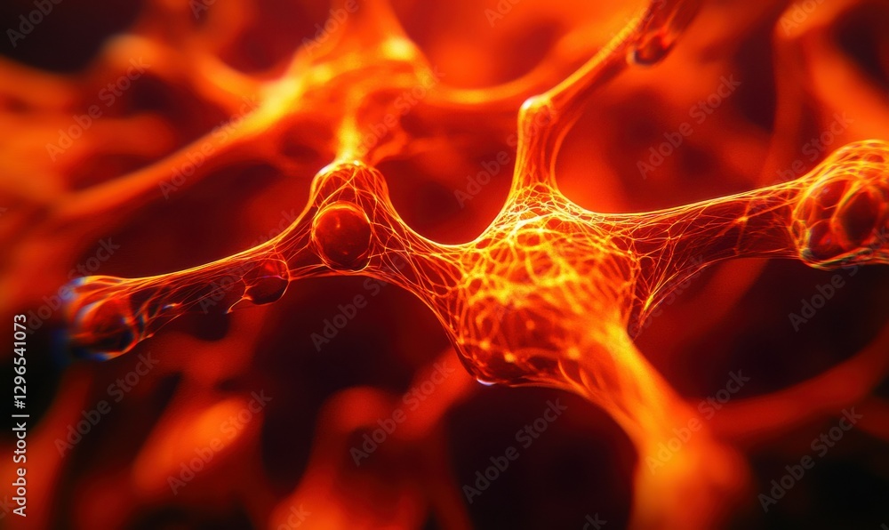 Poster artistic depiction of glowing lines forming a network of interconnected nodes in vibrant red and ora