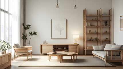 
Scandinavian-style living space with wooden furniture, soft lighting, and earthy tones, blank wall for mockup, 3D render
