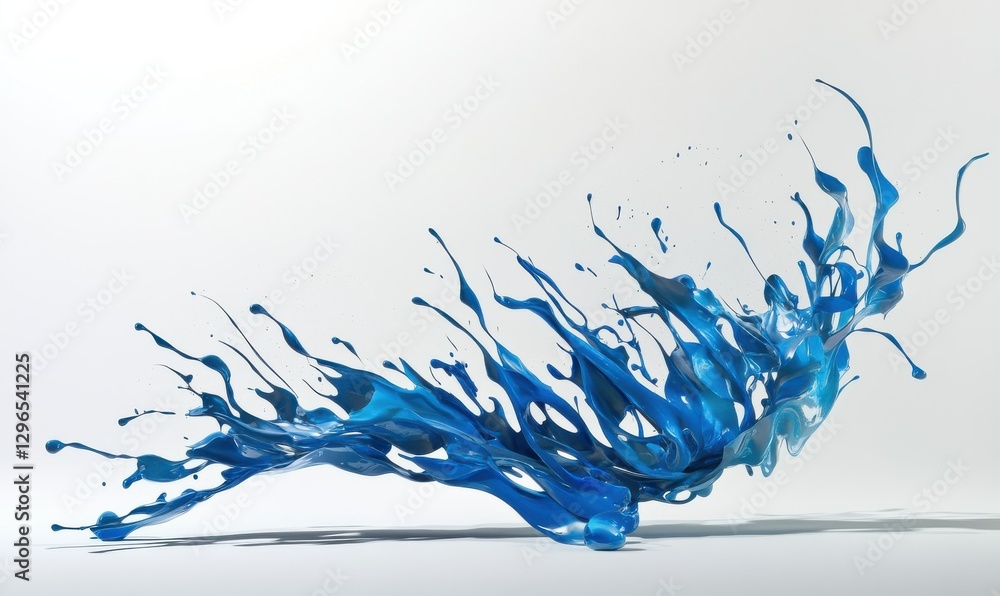 Poster abstract splash of neon blue paint suspended mid-motion, creating intricate patterns and sharp contr