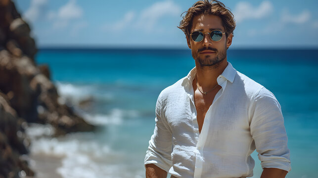 A highly detailed photography of a 30-year-old male model on a sunny beach, wearing a crisp white linen shirt, beige chinos, and sunglasses, standing confidently with the ocean waves in the background