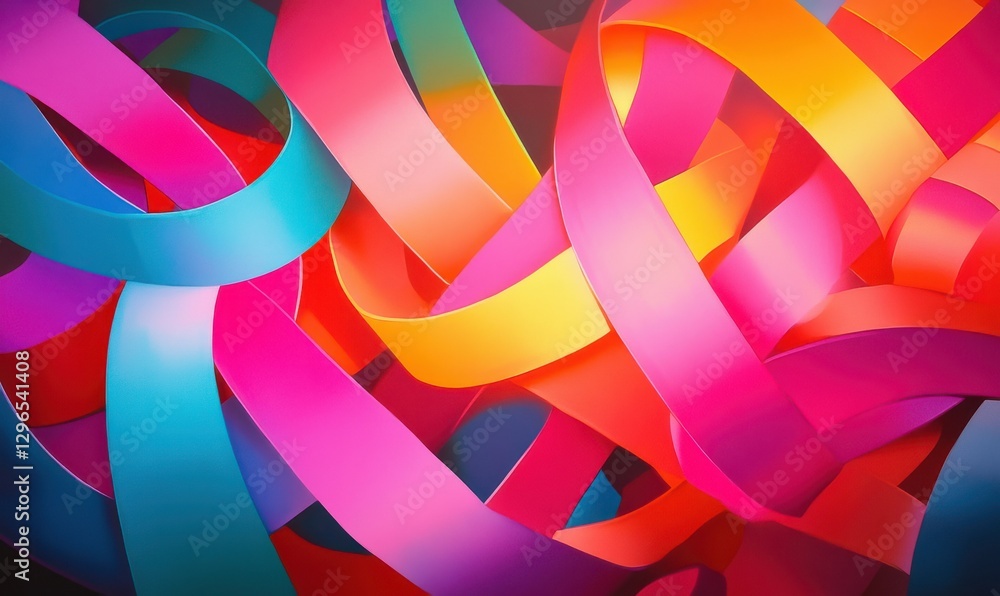 Poster artistic depiction of vibrant swirling neon ribbons illuminated by gradient light creating a bold an