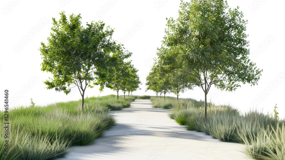 Poster empty paved path going through green trees and grass on transparent background