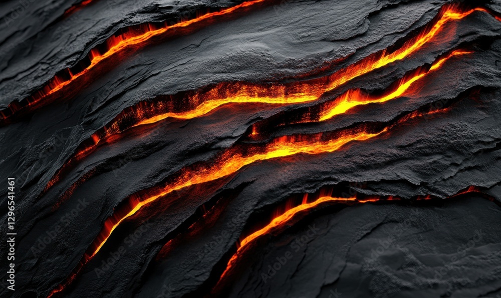 Poster abstract streaks of fiery orange and red light cutting through a black textured surface, illuminated