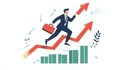Businessman leaps success arrows, holding briefcase, up green bar graph in a business setting