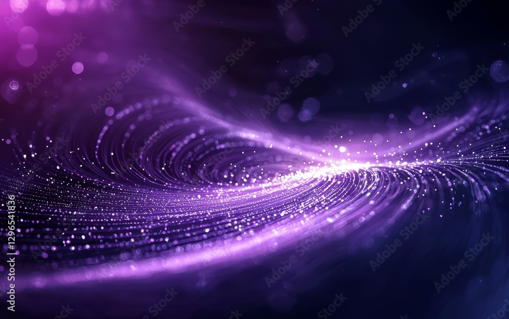 Poster a mesmerizing abstract design featuring flowing purple waves and sparkling particles, creating a sen
