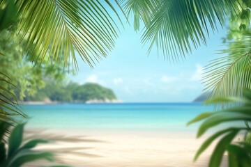 Tropical beach background with palm leaves and sand, a banner for a summer vacation concept. Shallow depth of field with blurred seawater in the foreground and an island on the horizon. Bright, sunny 