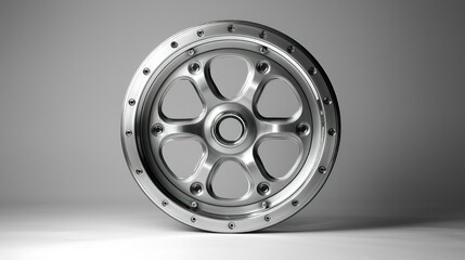 Obraz premium Sleek, metallic car wheel, studio shot, light gray background