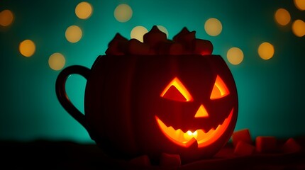 Delicious Halloween pumpkin mug filled with hot chocolate and marshmallows for festive Fu