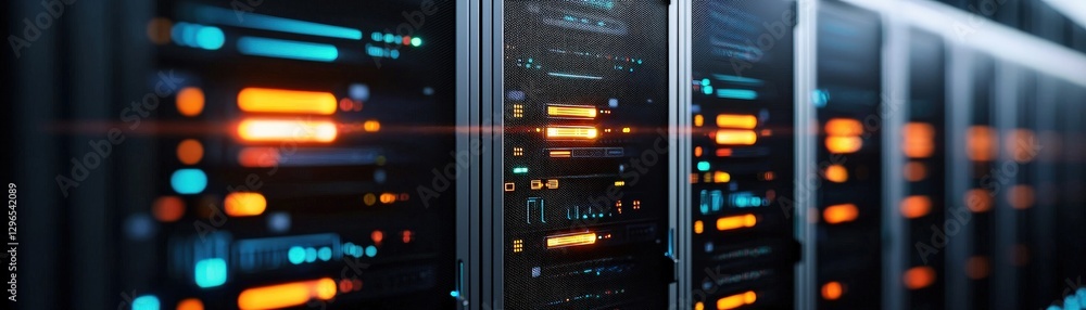 Poster a close-up view of a server rack, showcasing illuminated components and a modern data center environ