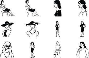 Stylish Women Illustrations Fashionable Poses, Line Art, Black and White