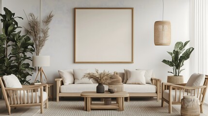 
Scandinavian-style living space with wooden furniture, soft lighting, and earthy tones, blank wall for mockup, 3D render