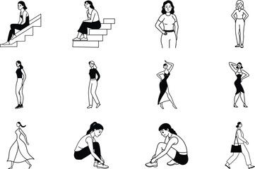 Stylish Women Poses Line Art Illustrations, Fashion Sketches, Diverse Silhouettes