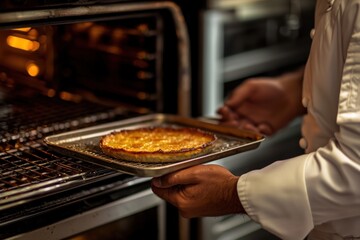A professional chef pulls a perfectly baked tart from the oven in a commercial kitchen, demonstrating skill and precision with warm, inviting lighting and culinary expertise.