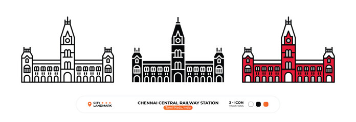 Naklejka premium Chennai Central Railway Station Line Icon. Tamil Nadu, India, Color Symbol, Silhouette, Editable Stroke.