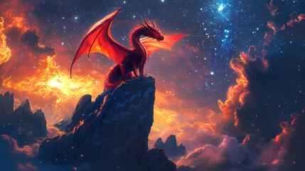Fiery red dragon perched on a rock formation amidst vibrant nebula clouds and a glowing celestial body, under a starry night sky. Nebula Dragon Formation. Illustration
