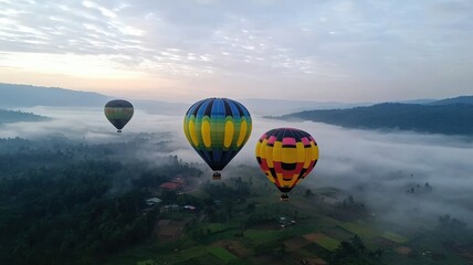 Colorful hot air balloons floating over vast green landscapes, early morning fog adding depth to the dreamy aerial view