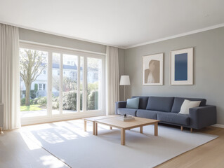 Modern living room with large windows and a cozy atmosphere near suburban garden