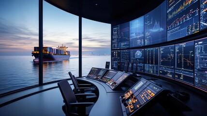 A modern ship's control room with advanced screens overlooks a tranquil sea and a cargo vessel at sunset.