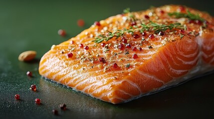 Baked Salmon Herb Spice Green Background