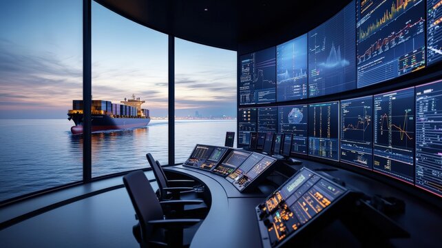 A modern ship's control room with advanced screens overlooks a tranquil sea and a cargo vessel at sunset.