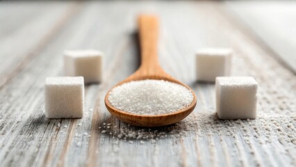 close-up shot of granulated sugar and sugar cubes on a wooden spoon, set on a weathered wooden surface