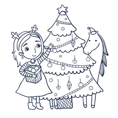 Christmas Coloring Page Girl Decorating Tree with Horse