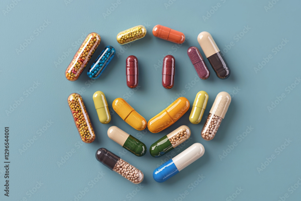Aufkleber A playful composition featuring different shapes and colors of vitamins arranged into a cheerful