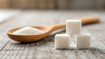 a close-up shot of sugar cubes and granulated sugar in a wooden spoon on a rustic wooden table. The cubes are arranged in a pyramid shape, and the spoon is laying next to them.