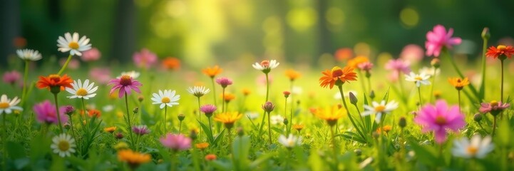 Fototapeta premium Vibrant wildflowers in lush meadow, sunlight dappled , beauty, plants, wildflowers