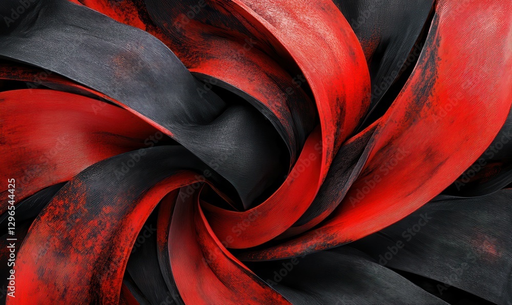 Poster swirling abstract pattern with red and black flowing textures.