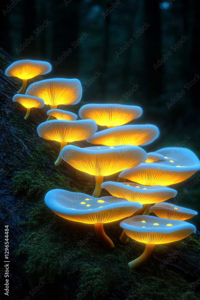 Aufkleber glowing mushrooms clustered at the base of an ancient tree, soft bioluminescence casting eerie