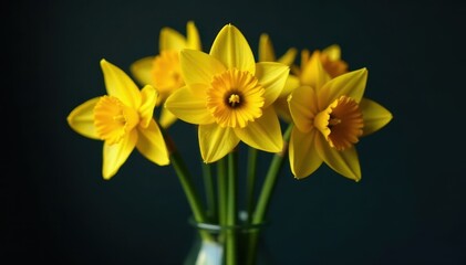 Vibrant yellow daffodils cluster in a glass vase, dark backdrop , daffodils, floral arrangement, sunshine