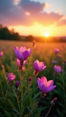 Obraz premium Violet and pink wildflowers bloom at sunset in a picturesque meadow , nature, meadow