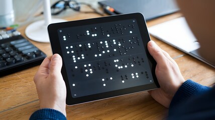 A Braille display screen showing text, demonstrating the modern evolution of Braille technology.