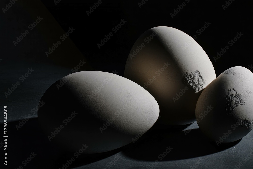 Poster a minimalistic composition of three textured eggs in varying sizes, showcasing natural shadows and l