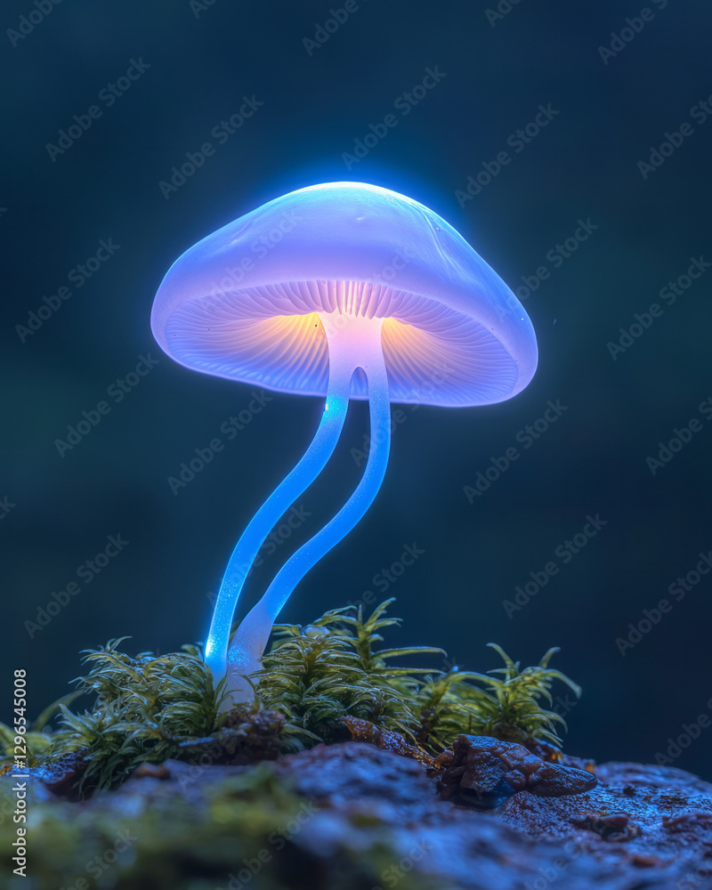 Poster macro perspective focusing on a single bioluminescent cap reflecting onto neighboring fungi, subtle