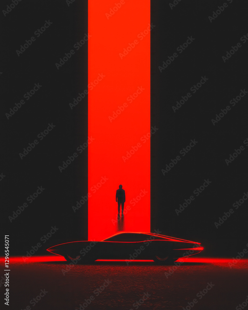 Poster minimalist silhouette reflection merged with angular neon overlays, dark background, precise lines,