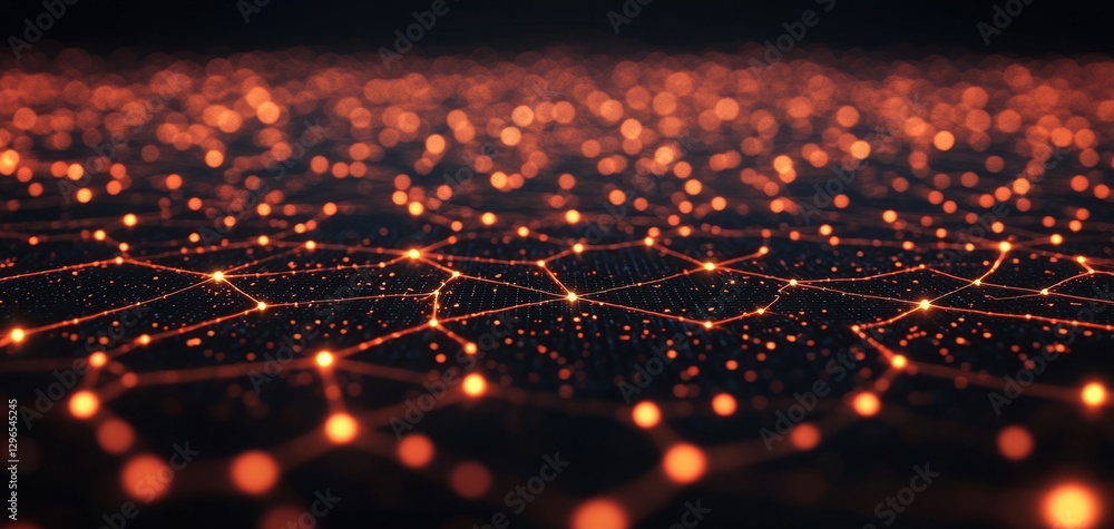 Poster a captivating view of interconnected nodes and glowing points, resembling a digital network or abstr