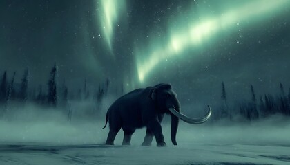 Mammoth walks across snowy plain under the northern lights