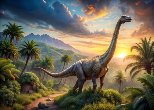 Jurassic Giant: A Cetiosaurus Sauropod Dinosaur Walking Through Lush Prehistoric African Landscape