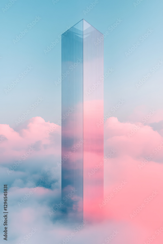 Poster towering glass structure seamlessly merging with wispy clouds, reflecting the sky in its