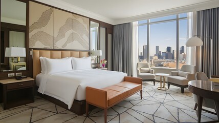 Spacious hotel room with a king-size bed, designer furnishings, and city views.