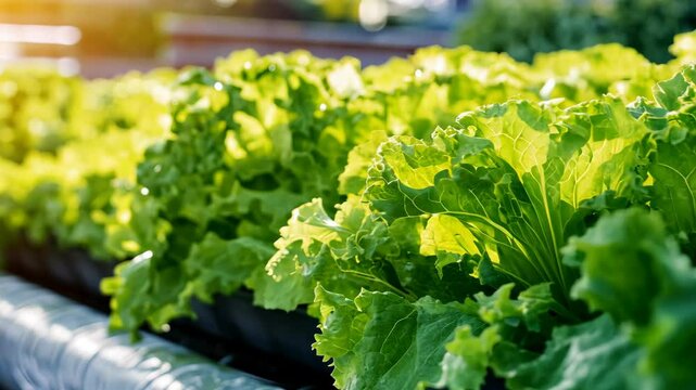 Fresh green lettuce growing in a vibrant urban garden under afternoon sunlight